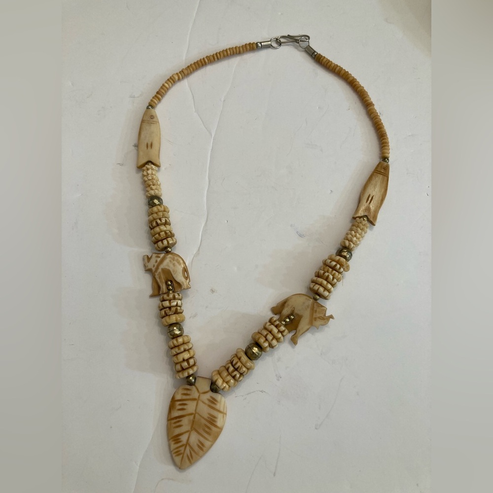 Vintage hand craved soapstone Archana necklace fish elephant leaf
